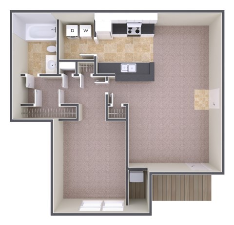 A 3D floor plan of a small apartment with a kitchen, bathroom, and living room.